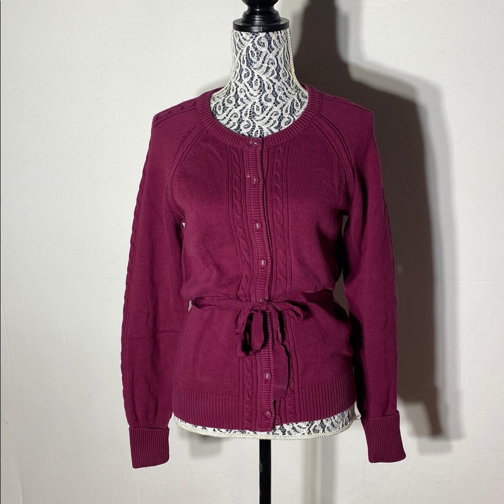 Vintage Y2K American Eagle Burgundy Cotton Knit Button Up Tie Waist Cardigan XL